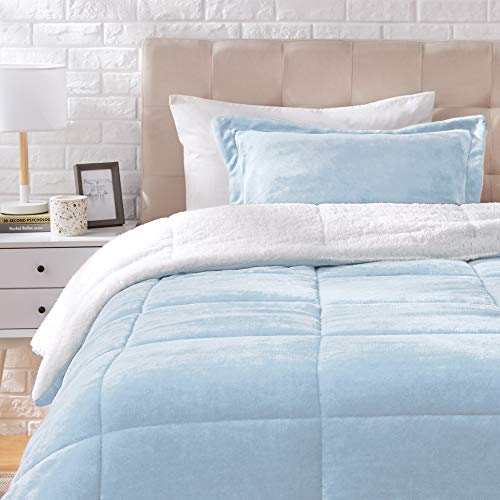 Amazon Basics Ultra-Soft Micromink Sherpa Comforter 2 Piece Bed Set, Twin, Smoke Blue, Solid - Click to Buy