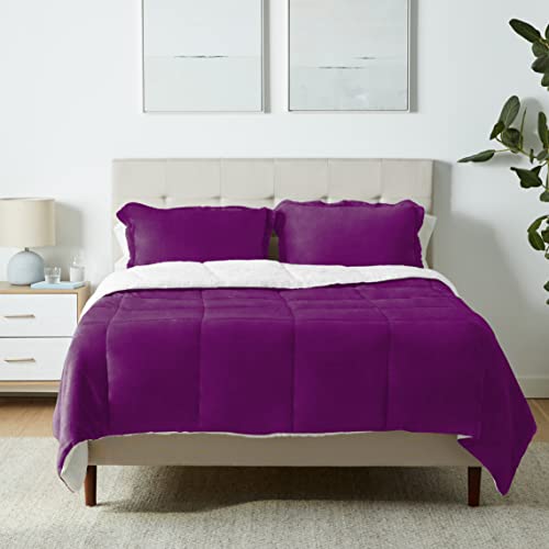 Amazon Basics Ultra-Soft Micromink Sherpa Comforter 3-Piece Bedding Set, Full/Queen, Plum, Solid - Click to Buy