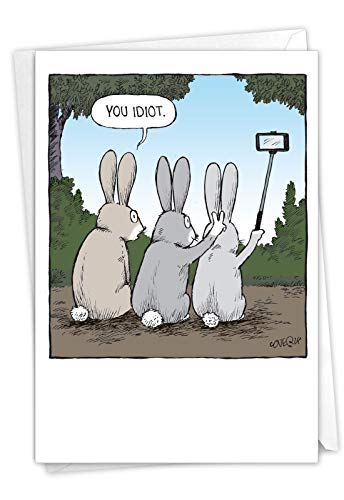 NobleWorks - 1 Humor Birthday Card with Envelope - Funny Cartoons for Birthday Greetings, Celebration Notecard - Bunny Selfies C2750BDG - Click to Buy