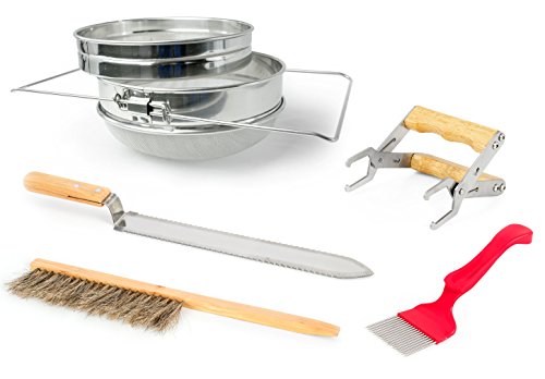 VIVO Honey Harvesting Beekeeping Starter Tool Kit, Set of 5, Double Sieve Honey Strainer, Frame Holder, Brush, Uncapping Knife, Uncapping Fork (BEE-KIT4) - Click to Buy