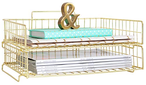 Blu Monaco Gold Desk Organizer Stackable Paper Tray Set of 2 - Metal Wire Two Tier Tray - Stackable Letter Tray - Inbox Tray for Desk - Click to Buy
