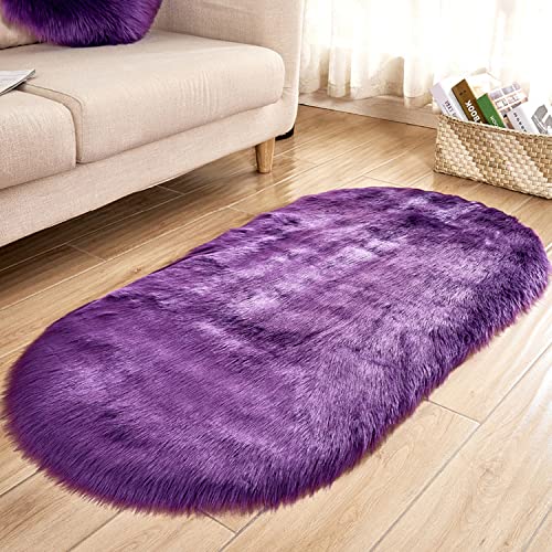 Long Faux Fur Artificial Skin Rectangle Fluffy Chair Seat Sofa Cover Carpet Mat Oval Shaggy Area Rug Living Bedroom Home Decoration (2ft x 3ft, Purple) - Click to Buy