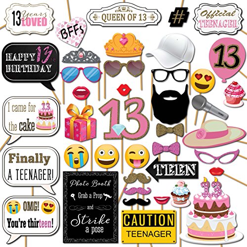 13th Birthday Photo Booth Props Party Kit 41 Pieces with Wooden Sticks and Strike a Pose Sign by Outside The Booth - Click to Buy