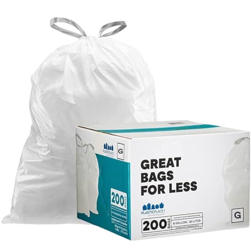 Plasticplace Custom Fit Trash Bags, Compatible with simplehuman Code G (200 Count) White Drawstring Garbage Liners 8 Gallon / 30 Liters, 17.5" x 28" - Click to Buy