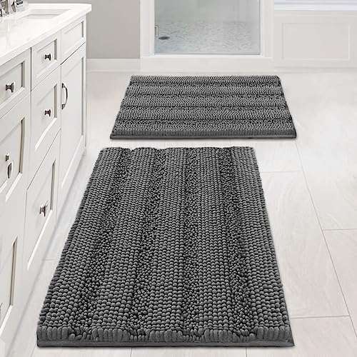 Grey Bath Mats for Bathroom Non Slip Ultra Thick and Soft Chenille Plush Striped Floor Mats Bath Rugs Set, Microfiber Door Mats for Kitchen/Living Room (Pack 2-20" x 32"/17" x 24") - Click to Buy