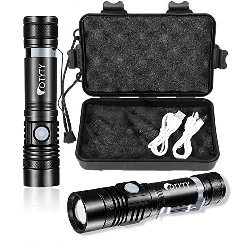 OTYTY USB Rechargeable LED Flashlight, Super Bright High Powered 1000 Lumen Tactical Flashlights Torch with 3 Modes, Pocket Clip, 18650 Battery and USB Cable For Camping Hiking (2 Pack) - Click to Buy