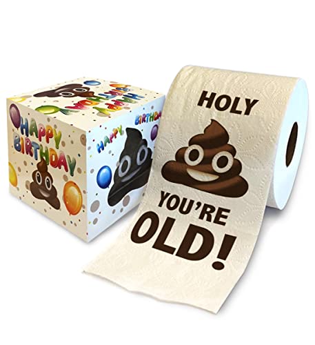 Printed TP Holy Poop You're Old Printed Toilet Paper Gag Gift – Happy Birthday Funny Toilet Paper For Best Prank, Surprise, Bathroom Décor, Novelty Birthday Fun Gift For Men or Women - 500 Sheets - Click to Buy