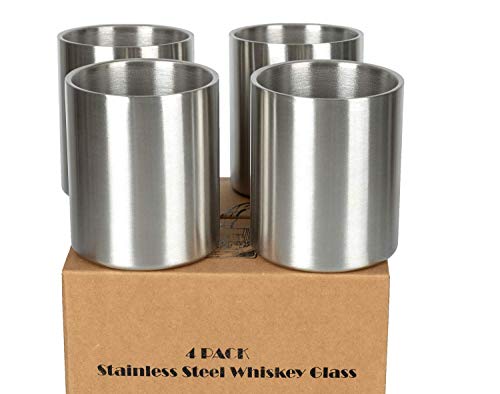 JILLMO Whiskey Glass Set of 4 Stainless Steel Lowball Glasses - 10 oz Insulated Shatterproof Outdoor Bourbon Glass - Ideal Gift for Family, Friends and Whisky Lovers - Click to Buy
