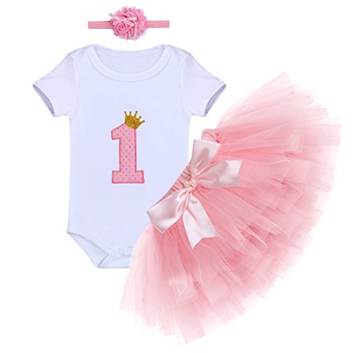 Baby Girls First Birthday Clothes One-Piece Bodysuit 1st Crown Romper+Ruffle Tulle Skirt+Bowknot Headband 3PCS Set Toddler Infant Smash Cake Outfits for Casual Photo Shoot Pink Age 1 Year Old - Click to Buy