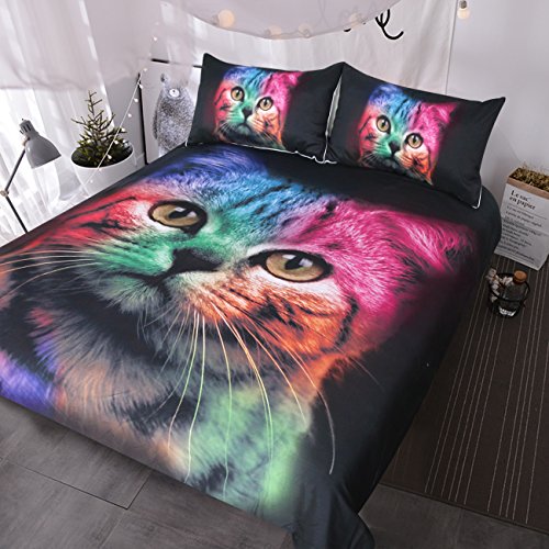 Blessliving Cat Bedding for Girls Boys Cute Colorful Cat Pattern Bedspread 3 Piece Bold Color Black Animal Duvet Cover Set (Twin) - Click to Buy