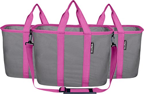 CleverMade EcoBasket Reusable Grocery Tote Bags with Shoulder Strap - Collapsible 20L Shopping Baskets, Charcoal/Fuchsia, 3 Pack - Click to Buy