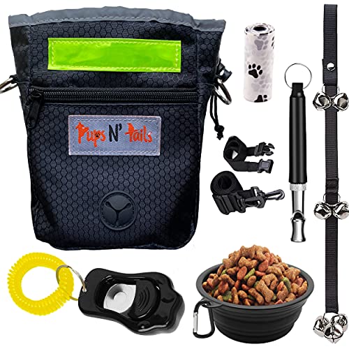 PupsNTails Dog Training Kit - Puppy and Dog Training Treat Pouch,Adjustable Training Clicker,House Training Doorbells,Collapsible Dog Bowl,Whistle-Tools for Small to Large Dogs - Click to Buy