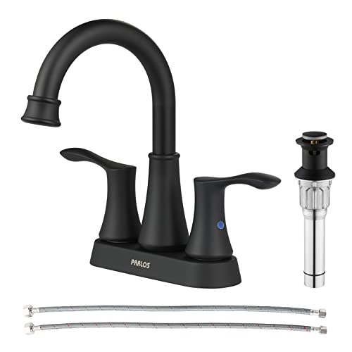PARLOS 2-Handle Bathroom Sink Faucet High Arc Swivel Spout with Metal Drain Assembly and Faucet Supply Lines, Matte Black, Demeter 14134 - Click to Buy