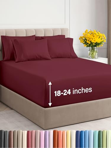 Parure de lit 6 pièces respirantes et rafraîchissantes pour hôtel avec poches très profondes de 45,7 à 61 cm, faciles à installer, super douce, infroissable et confortable, bordeaux, très grand lit - Click to Buy