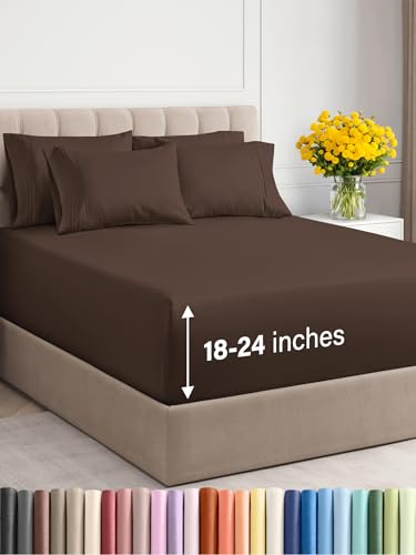 Extra Deep Queen Sheet Set - 6 Piece Breathable & Cooling Sheets - Hotel Luxury Bedding Set w/18-24 Inch Extra Deep Pockets - Easy & Secure Fit - Super Soft, Wrinkle Free & Comfy - Brown, Queen Size