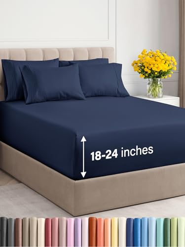 Extra Deep Queen Sheet Set - 6 Piece Breathable & Cooling Sheets - Hotel Luxury Bed Sheets Set - Easy Fit - Soft, Wrinkle Free & Comfy Sheets Set - Navy Blue Sheet Set w/Extra Deep Pockets