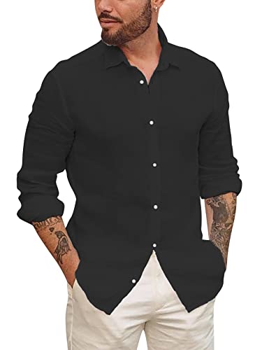 Mens Button Up Shirts Long Sleeve Linen Beach Casual Cotton Summer Lightweight Tops - Click to Buy
