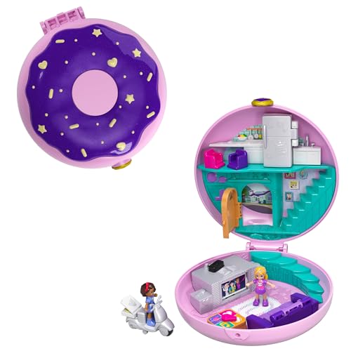 Polly Pocket Pocket World Donut Pajama Party Compact with Donut Shape, Polly’s Living Room World, Surprise Reveals, Micro Polly and Shani Dolls & Pizza Scooter Accessory, GDK82 - Click to Buy