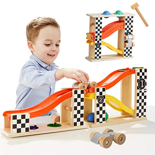 TOP BRIGHT Toddler Wooden Toys for 1 2 Year Old Boy Gifts Car Ramp Racer, Hammer Ball Pound and roll Tower Toy for 18 Month and up - Click to Buy