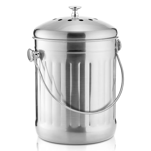 Compost Bin, Stainless Steel Indoor Compost Bucket for Kitchen Countertop Odourless Compost Pail for Kitchen Food Waste with A Carrying Handle and 2 Charcoal Filter 4.9l Easy to Clean