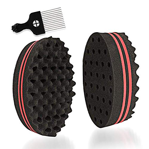 Hair Sponge Brush KissDate Set of 2 Double Sides Small Holes(8mm Hole) Afro Curl Coil Wave Hair Sponge Brush with 6.69 Inch Metal Styling Comb - Click to Buy