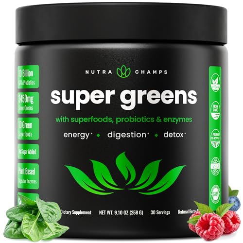 NutraChamps Super Greens Powder Premium Superfood | 20+ Organic Green Veggie Whole Foods | Wheat Grass, Spirulina, Chlorella | Antioxidant, Digestive Enzyme & Probiotic Blends (9.0 Oz, Berry) - Click to Buy