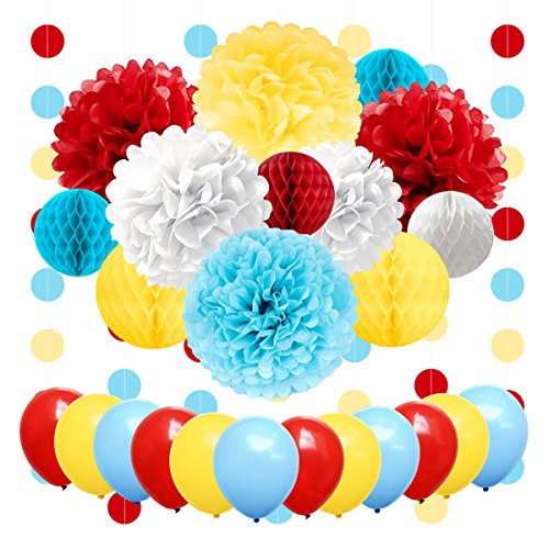 NICROLANDEE Carnival Party Supplies Birthday Balloon Tissue Paper Flowers Pom Pom Honeycomb Ball Circle Dots Hanging Garland Banner for Circus Baby Shower Clown Backdrop Beach Party Decorations - Click to Buy