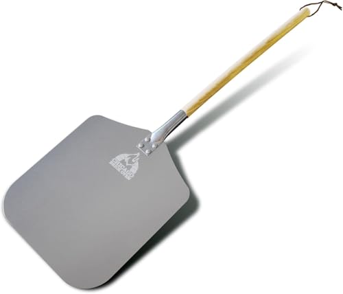 Aluminum Pizza Peel Paddle with Detachable Wooden Handle, 12" x 14" inch Blade, Long 18" Handle with Leather Strap, 35.5 inch Overall - Outdoor Pizza Oven Accessories - Click to Buy