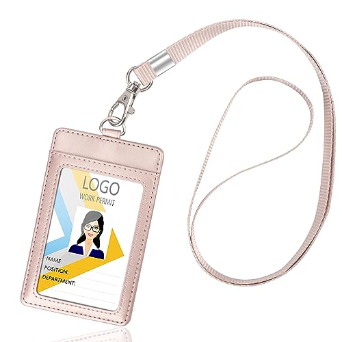 Arae Card Holder Vertical PU Leather Badge Holder with 1 Clear ID Card Window 1 Card Slot and 1 Neck Lanyard for Office/School ID Credit Card Driver License - Rose Gold - Click to Buy