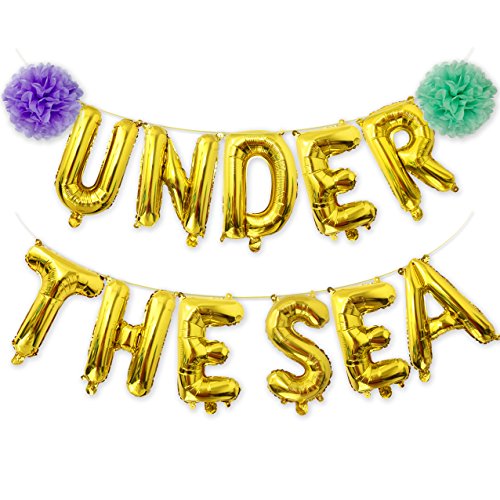 Under the Sea Balloons Banner Gold, Mylar Letter Balloon with Pom Poms for Under the Sea Party Decorations Mermaid Party Supplies - Click to Buy