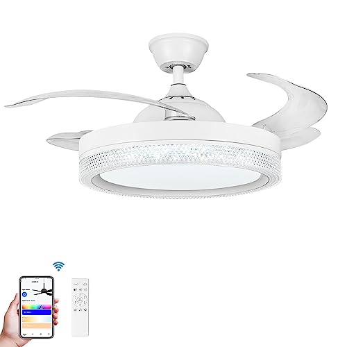 HOREVO Retractable Ceiling Fans with Lights and Bluetooth Speaker 42 Inch Fandelier Invisible Blades Chandelier Fan Color Changing Dimmable Hidden Bluetooth Ceiling Fan with Lights with Remote - Click to Buy