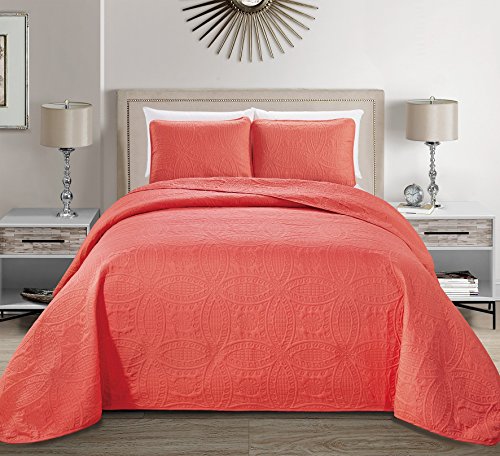 MK Home Mk Collection 3pc Full/Queen Solid Embossed Bedspread Bed Cover Over Size Coral New - Click to Buy