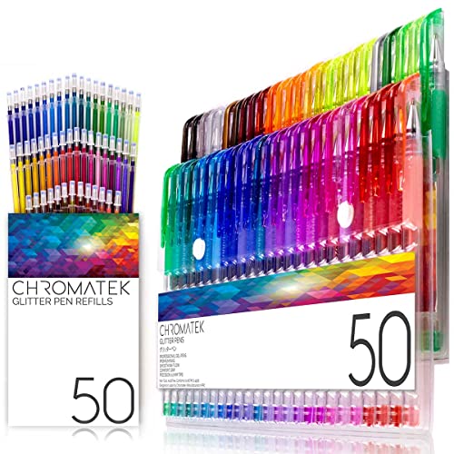 CHROMATEK Glitter Pens 100 Set Best Colors. 200% The Ink: 50 Gel Pens, 50 Refills. Super Glittery Ultra Vivid Colors. No Repeats. Professional Art Pens. New & Improved. - Click to Buy