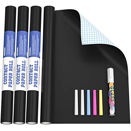 Nicpro Selbstklebende Kreidetafel-Kontaktpapier, Schwarz, insgesamt 45 x 799,6 cm, Kreidepapier, trocken abwischbar, Tapeten-Aufkleber, Kreidetafel-Aufkleber mit weißen Kreidemarkern und Kreiden, für Zuhause, Büro, Schule, 4 Stück - Click to Buy