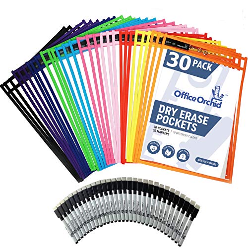 Dry Erase Pockets Reusable Sleeves by Office Orchid - Heavy Duty Oversized 10" x 14" - 30 Pockets Assorted Colors + 30 Pens + 500 Worksheets - School or Work - Sheet Protectors or Ticket Holders - Click to Buy