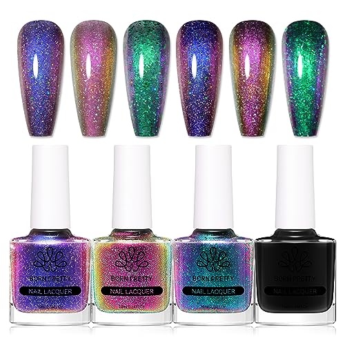 BORN PRETTY Chameleon Nail Polish Set Holographic Glitter Polish Sparkle Shimmer Nail Art Polish with Black Nail Polish Multicolored Nail Art Varnish 4 Bottles - Click to Buy