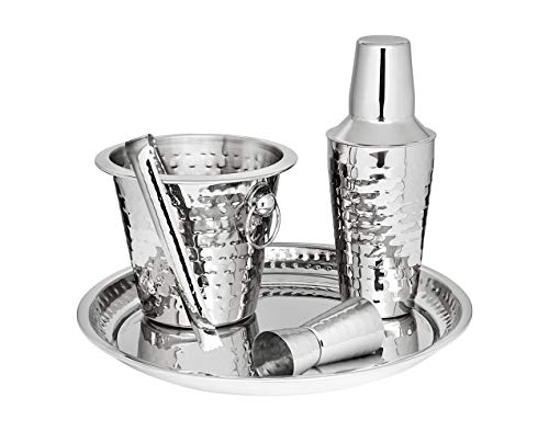 Godinger Barware Bar Tools Stainless Steel set, Includes Cocktail Shaker for Drink Mixing, Double Jigger, Ice Bucket, Tongs and Display Serving Tray - Click to Buy