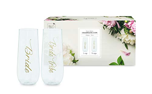 10 10oz Bride & Bride Tribe Stemless Plastic Champagne Glasses | Includes 9 Bride Tribe Cups & 1 Bride Cup | Great for Bachelorette Parties, Weddings & Bridal Showers | Wedding & Bridesmaids Gifts - Click to Buy