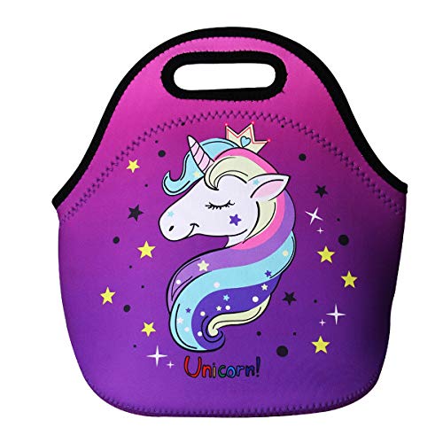 Cute Unicorn Lunch Bag for Kids, Waterproof Insulated Neoprene Lunch Tote with Zipper for School Work Outdoor (Purple) - Click to Buy