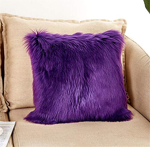 Luxury Long Faux Fur Throw Pillow Case Super Soft Plush Cushion Cover Deluxe Home Sofa Bed Car Party Decorative 18 x 18 Inch Purple - Click to Buy