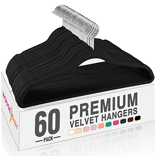 HOUSE DAY Black Velvet Hangers 60 Pack, Felt Hangers Space Saving Clothes Hanger, Non Slip Hangers Coat Hanger with 360 Degree Rotatable Hook, Durable & Thin Hangers for Closet - Click to Buy