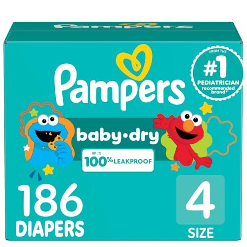 Pampers Diapers - Baby Dry - Size 4, 186 Count, Absorbent Disposable Infant Diaper (Packaging May Vary)