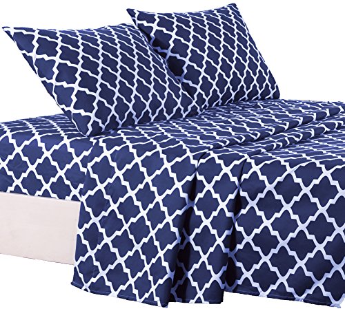 Lux Decor Collection Bed Sheet Set - Brushed Microfiber 1800 Bedding - Wrinkle, Stain and Fade Resistant - Hypoallergenic - 4 Piece (Queen, Quatrefoil Navy Blue) - Click to Buy