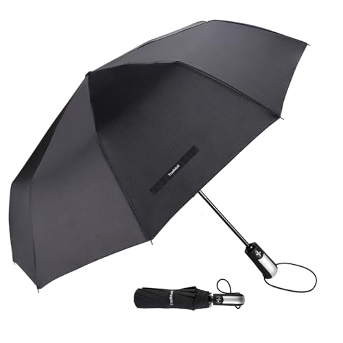 TradMall Travel Umbrella Windproof with 46 Inches Large Canopy Reinforced Fiberglass Ribs Ergonomic Handle Auto Open & Close, Black - Click to Buy