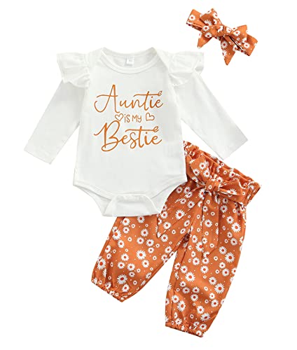 MAINESAKA Newborn Baby Girls 3pcs Outfit Set Auntie's Bestie Romper + Floral Pants Clothing Set - Click to Buy