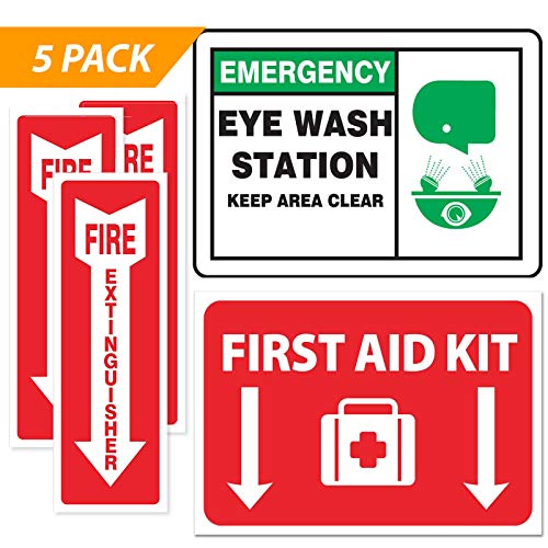 Emergency Safety Sticker Sign [Full Set] ââ‚¬â€œ Fire Extinguisher Arrow ââ‚¬â€œ Eye Wash Station ââ‚¬â€œ First Aid ââ‚¬â€œ OSHA Requirement (5-Pack) - Click to Buy