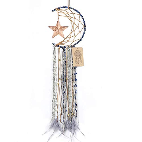 Dremisland Blue Dream Catcher Handmade Half Circle Moon Design Dream Catcher Feather Hanging with Star Home Decoration Ornament Festival Gift (Moon& Star) - Click to Buy
