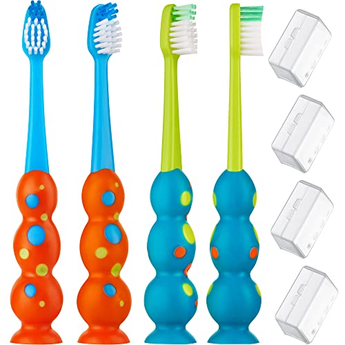 Trueocity Kids Toothbrush 4 Pack - Soft Contoured Bristles - Child Sized Brush Heads (3-10 Year Old) - Suction Cup for Fun & Easy Storage - Girl & Boy Set (Blue & Orange) - Click to Buy