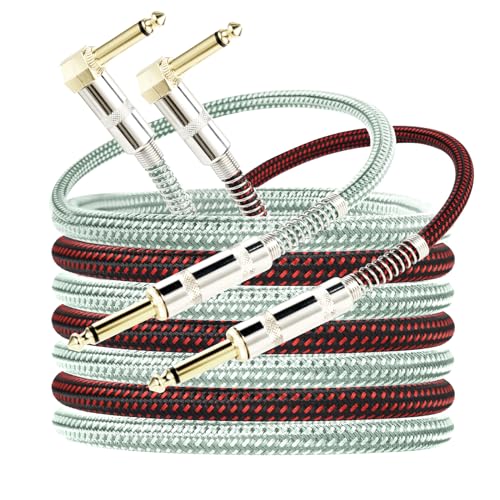 OTraki 10ft Guitar Cable 2 Pack Electric Guitar Chord Instrument Cable Quarter Inch L Shaped Guitar Cable Straight to Right Angle Gold Plated Plug for Bass Amp Keyboard Red & Green - Click to Buy