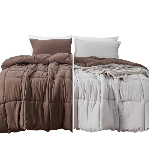 KASENTEX Reversible No-Shrink King Size Comforter Set with 2 Shams - Down Alternative Duvet Insert with Corner Ties, Lightweight, Ultra Soft, Machine Washable, All-Season（Silver/Chocolate Brown） - Click to Buy
